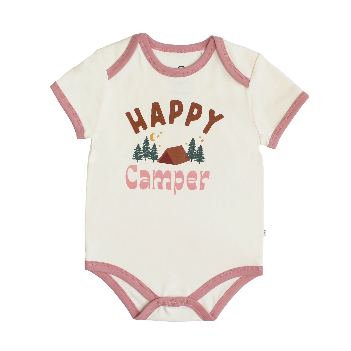 white onesie with pink trim and camp graphic.