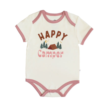white onesie with pink trim and camp graphic.