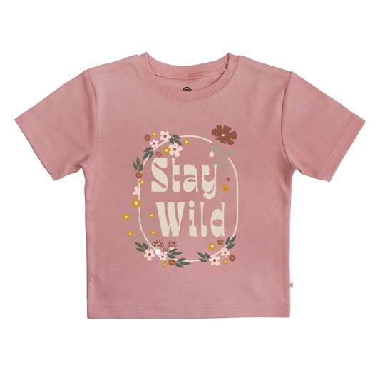 pink kids shirt with words in middle 