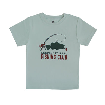 blue cotton kids tshirt with fish graphic.