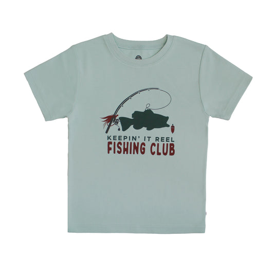 blue cotton kids tshirt with fish graphic.