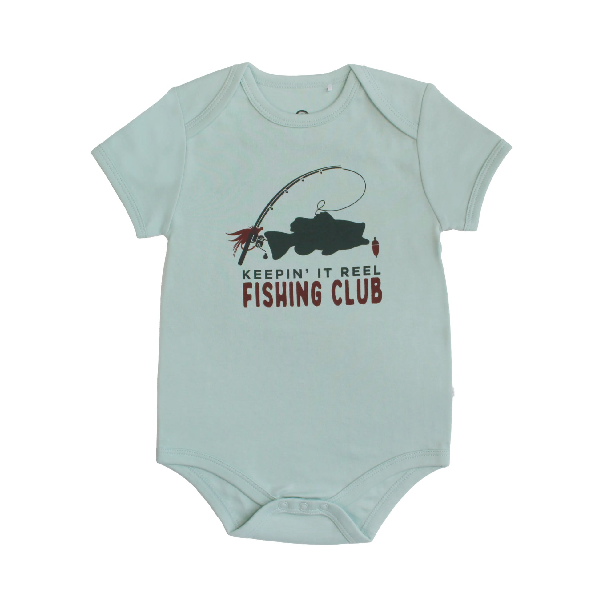 blue cotton onesie with graphic in the middle on white background. 