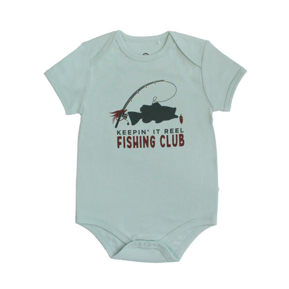blue cotton onesie with graphic in the middle on white background. 