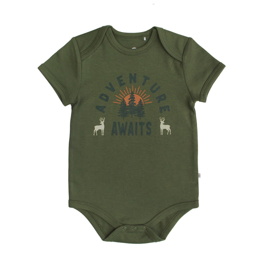 green onesie with words in the middle.