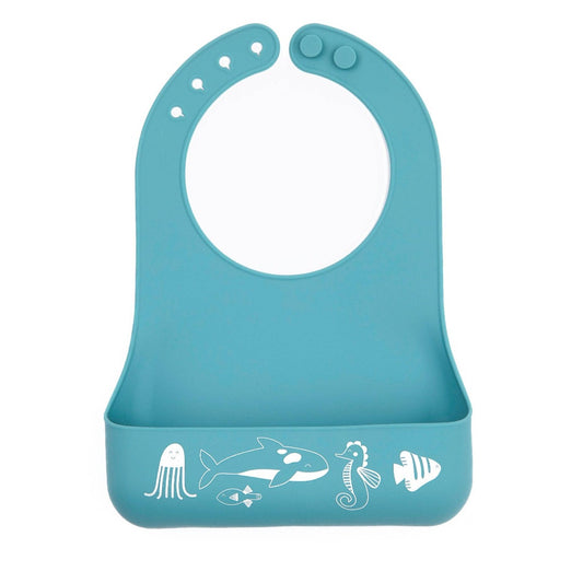 blue silicone bib with an octopus, whale, seahorse, and fish along the bottom edge in white