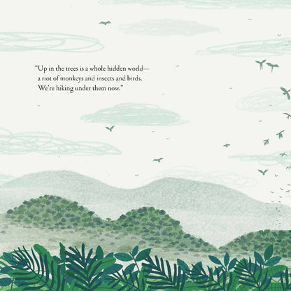 Illustration of a forest scene with birds flying and text about a hidden world above.