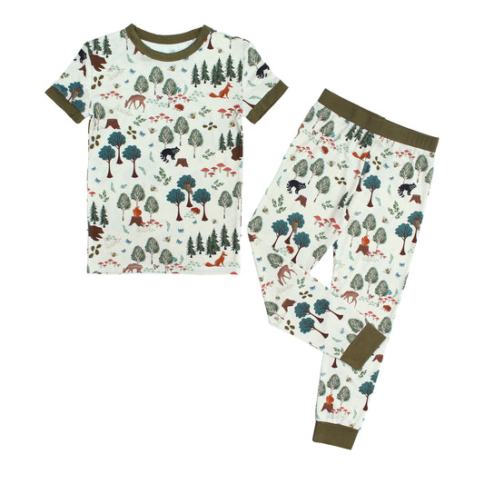 In the Woods Two-Piece Bamboo Short Sleeve Kids Pajama Pants Set