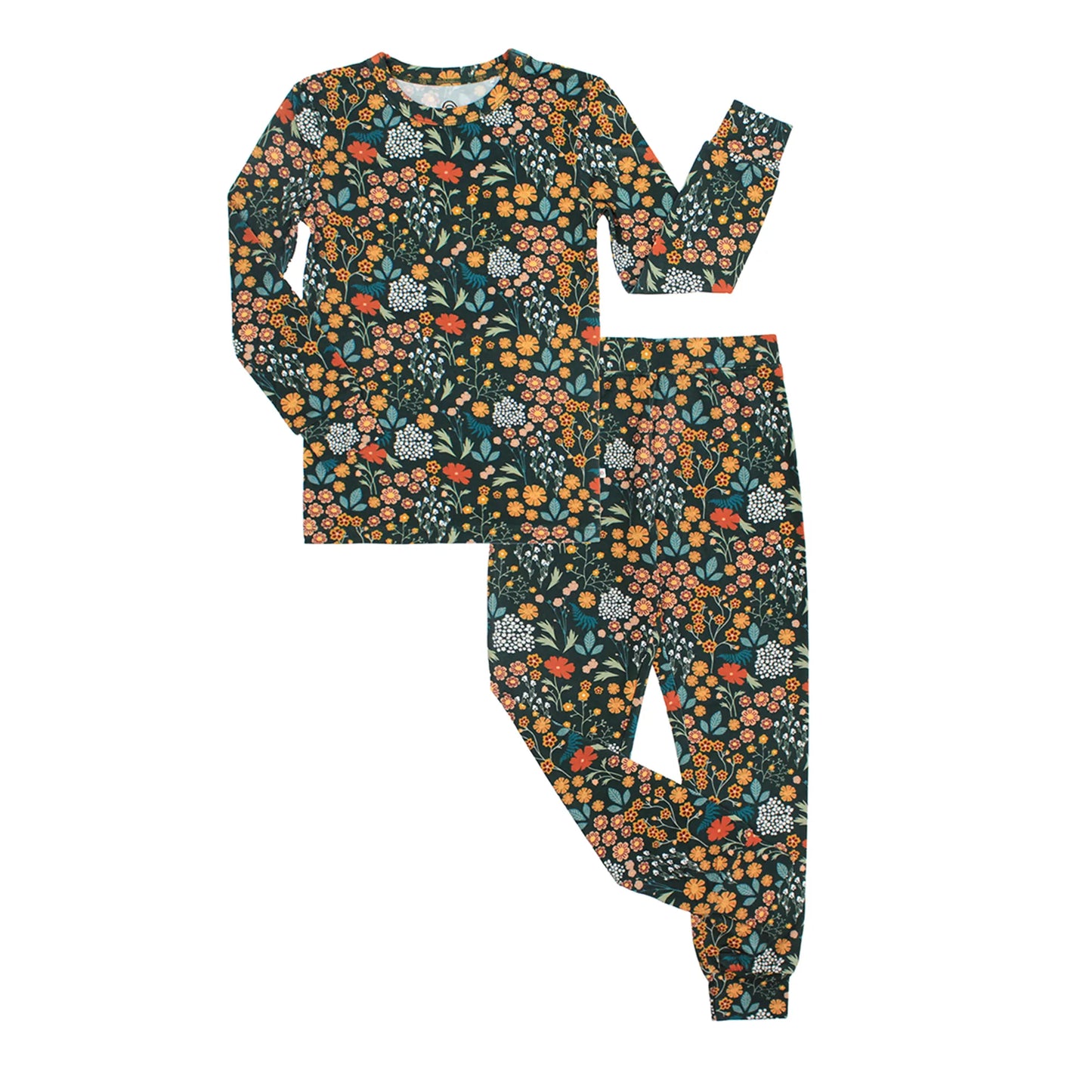 dark green pajama set with floral print on white background.