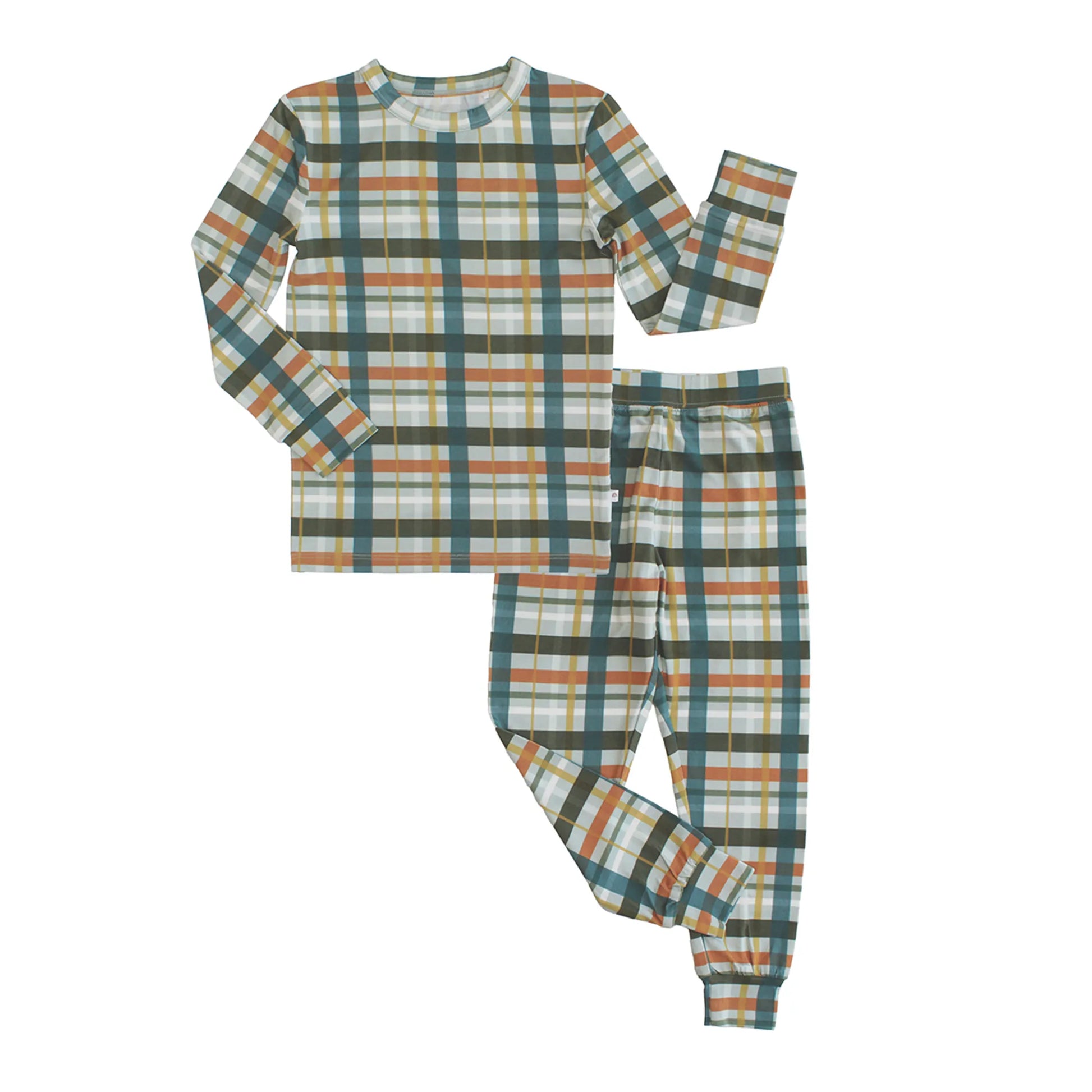 pajama set with plaid print on white background. 