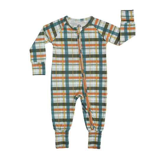 baby convertible pajamas with a plaid print on white background. 