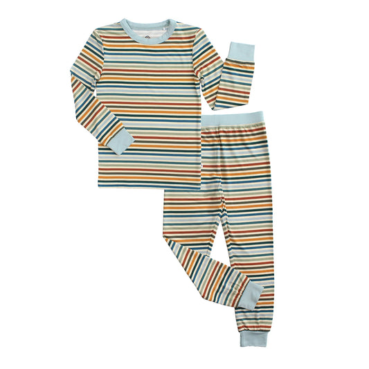 kids pajama set with striped pattern on white background. 