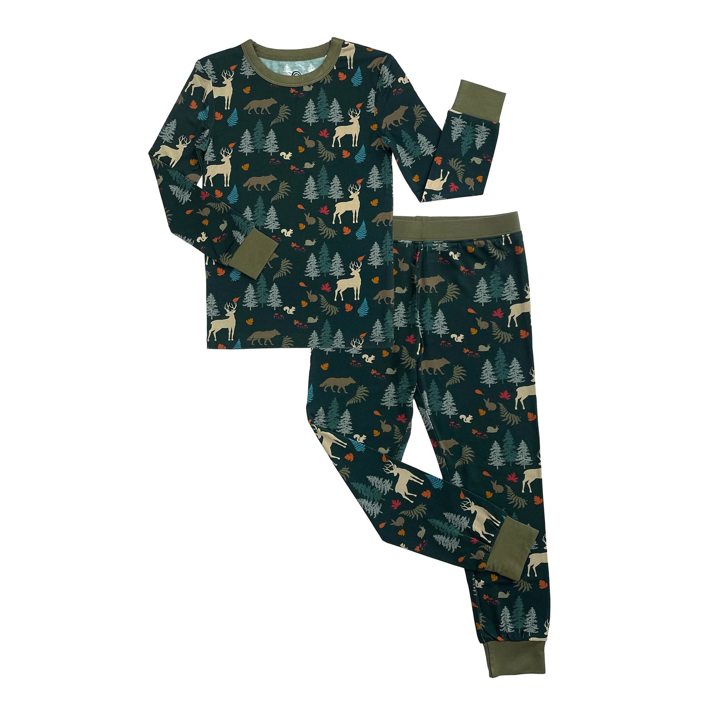 kids pj set with forest print on white background.