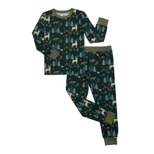 kids pj set with forest print on white background.