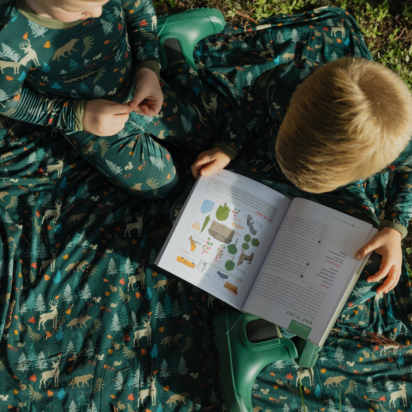 two boys wearing forest print pajamas on a matching blanket.