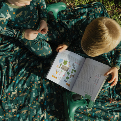 two boys wearing forest print pajamas on a matching blanket.