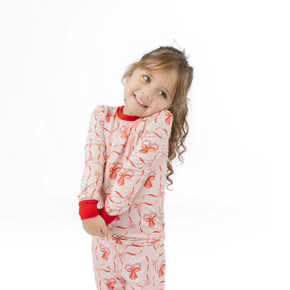 Candy Cane Coquette Two-Piece Bamboo Long Sleeve Pajama Kids Pants Set