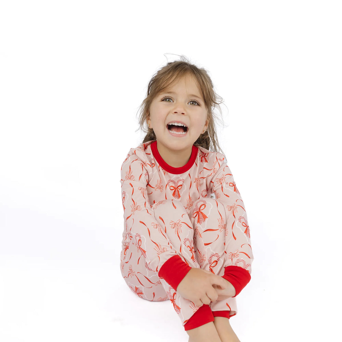 Candy Cane Coquette Two-Piece Bamboo Long Sleeve Pajama Kids Pants Set