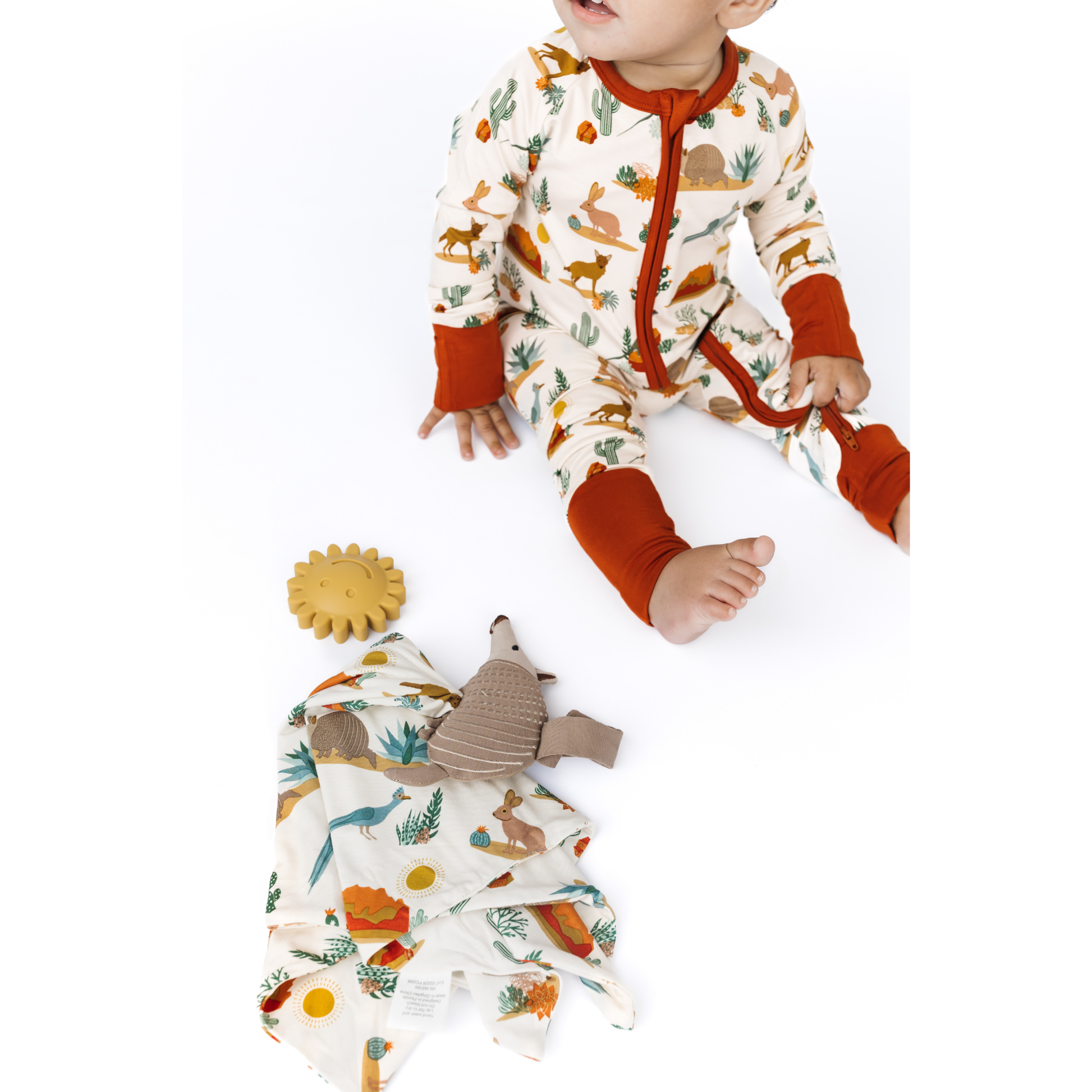 Baby in a desert-themed onesie with a matching blanket and rattle on a white background