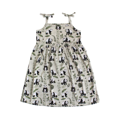 Children's dress with panda and bamboo pattern on a white background