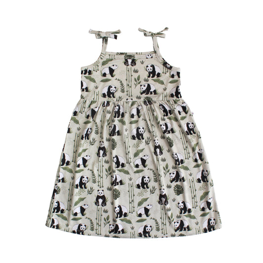 Children's dress with panda and bamboo pattern on a white background