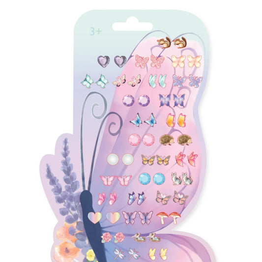 Sheet with 30 pairs of sticker earrings featuring pastel butterflies, gemstones and nature inspired designs from Great Pretenders