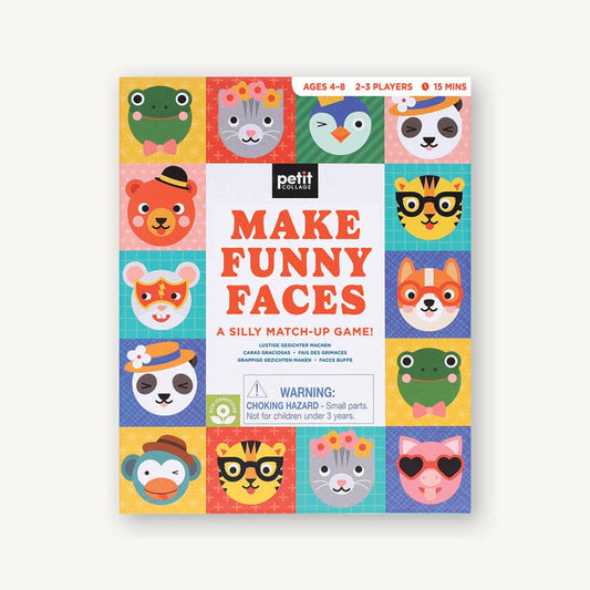 Children's game box titled 'Make Funny Faces' with colorful animal faces on a white background.