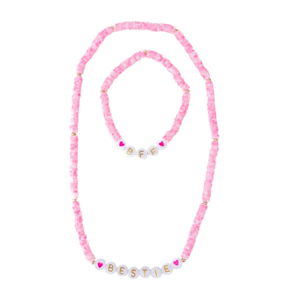Pink and white beaded necklace and bracelet set featuring "BFF" and "BESTIE" letter beads from Great Pretenders

