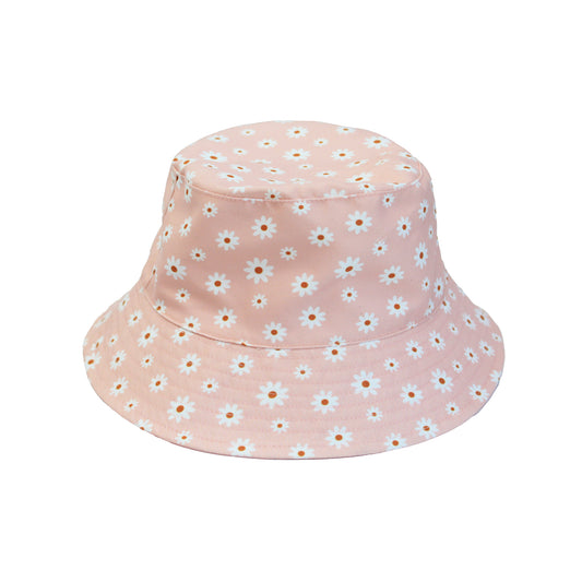 Pink bucket hat with white floral pattern on a white background