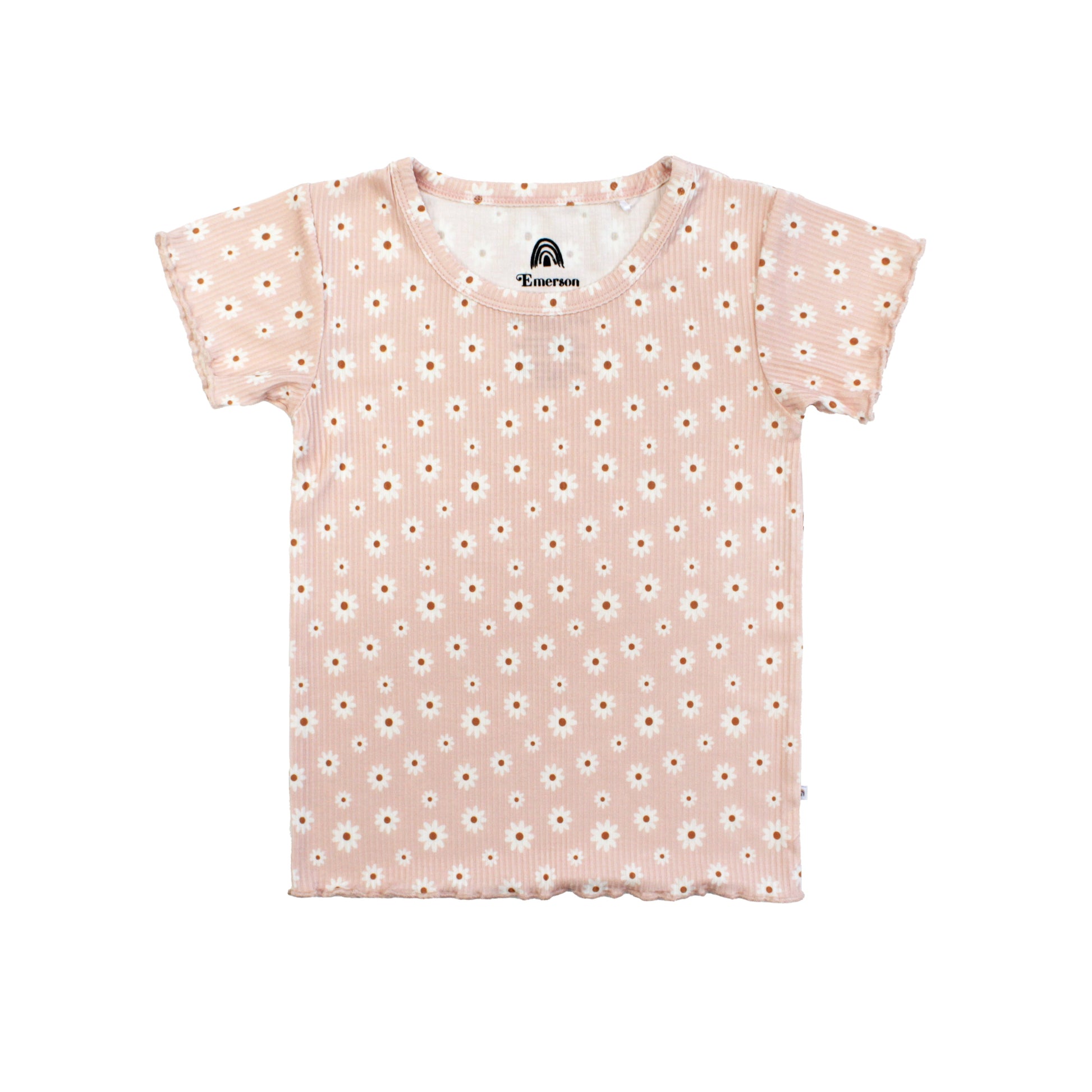 Pink t-shirt with white floral pattern on a white background