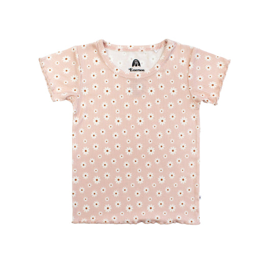Pink t-shirt with white floral pattern on a white background
