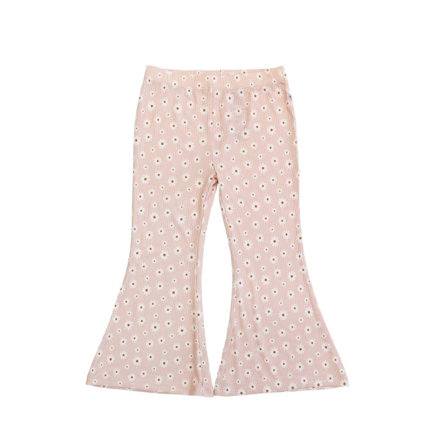 Pink flared pants with a subtle pattern on a white background