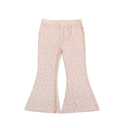 Pink flared pants with a subtle pattern on a white background