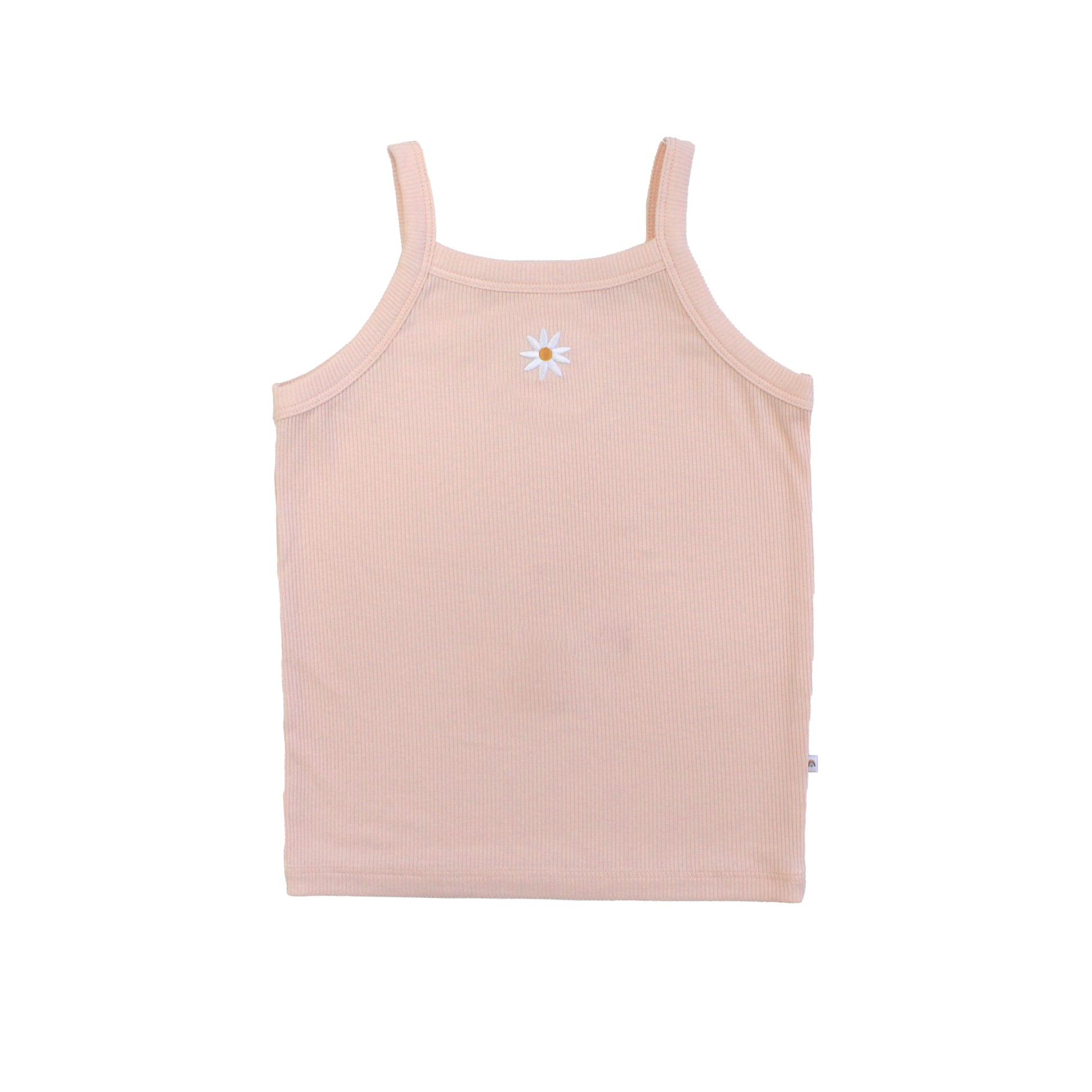 Pink tank top with a white daisy on a white background
