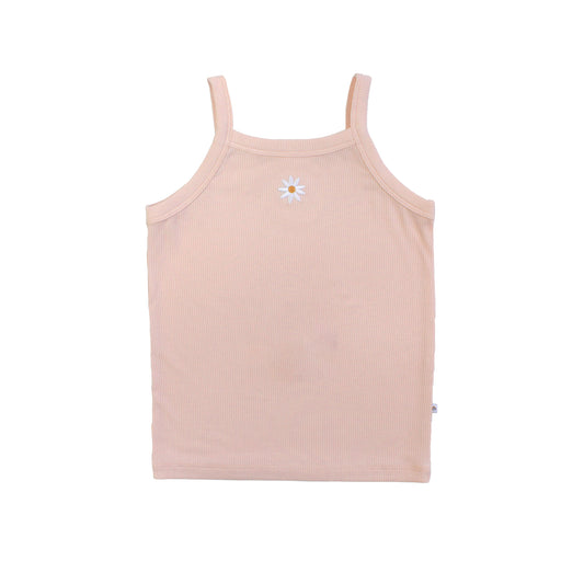 Pink tank top with a white daisy on a white background
