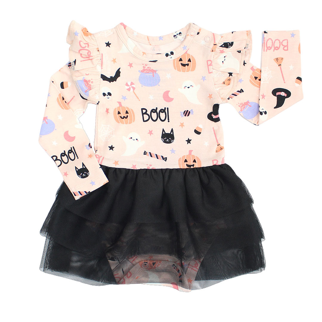 Sweet and Spooky Glow-in-the-Dark Halloween Ruffled Long Sleeve Skirted Bamboo Onesie