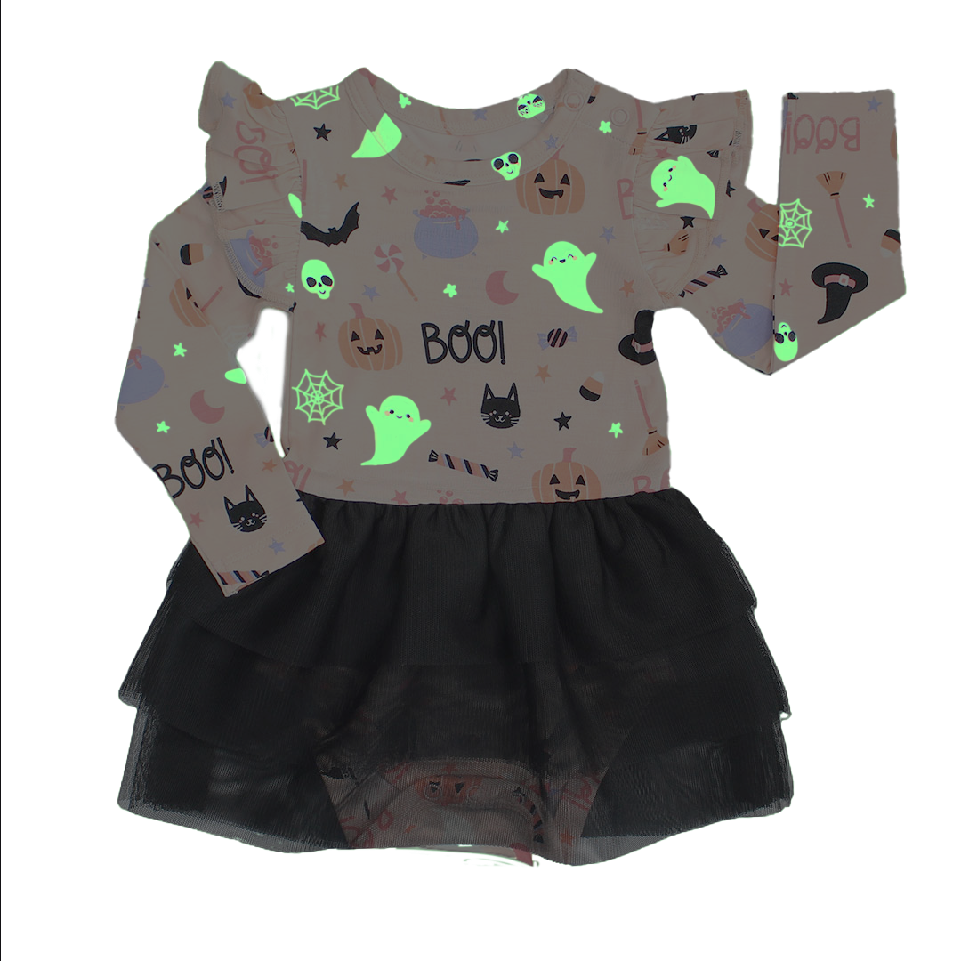 Sweet and Spooky Glow-in-the-Dark Halloween Ruffled Long Sleeve Skirted Bamboo Onesie