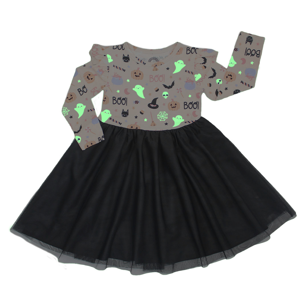 Sweet and Spooky Glow-in-the-Dark Halloween Ruffled Long Sleeve Twirl Dress