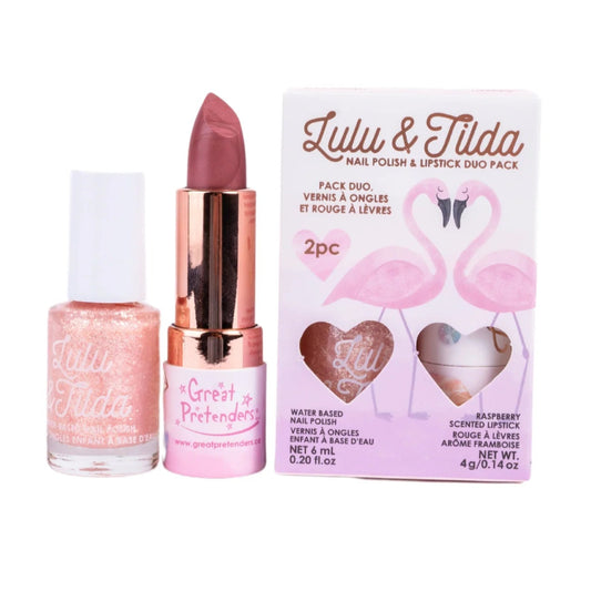 Set of light pink glittery nail polish and darker pink lipstick from Great Pretenders