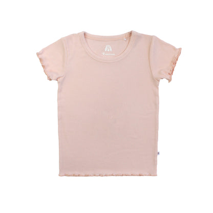 Pink t-shirt with ruffled sleeves on a white background