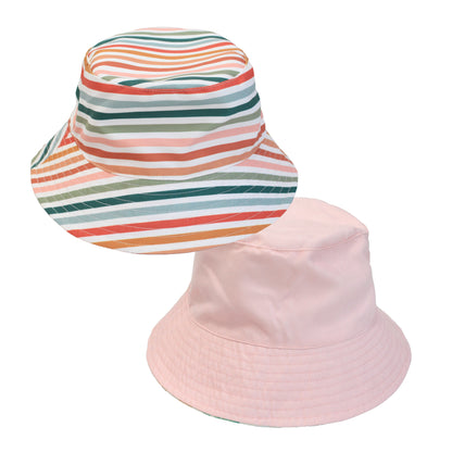 Two bucket hats, one striped and one pink, on a white background