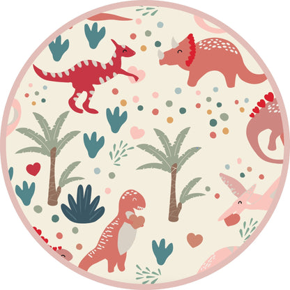 Round plate with colorful dinosaur and plant pattern on a white background