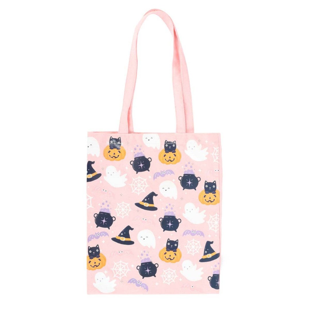 light pink halloween tote with ghosts, pumpkins, cats, bats, and spiders