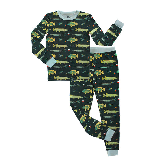 kids pajama set with fish print on white background.