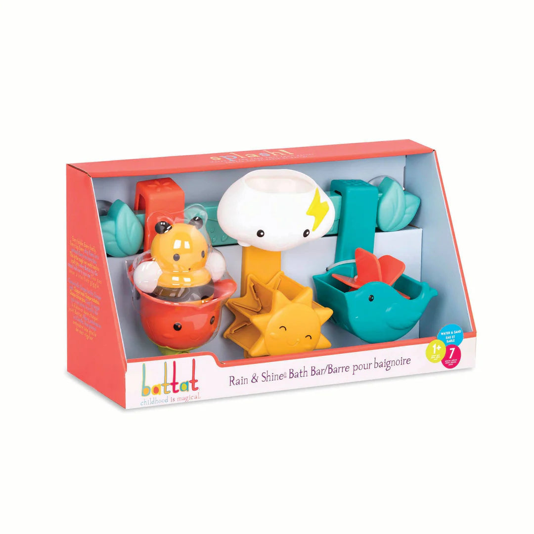 Colorful bath toy set with clouds, sun, birds and bees from Battat. 