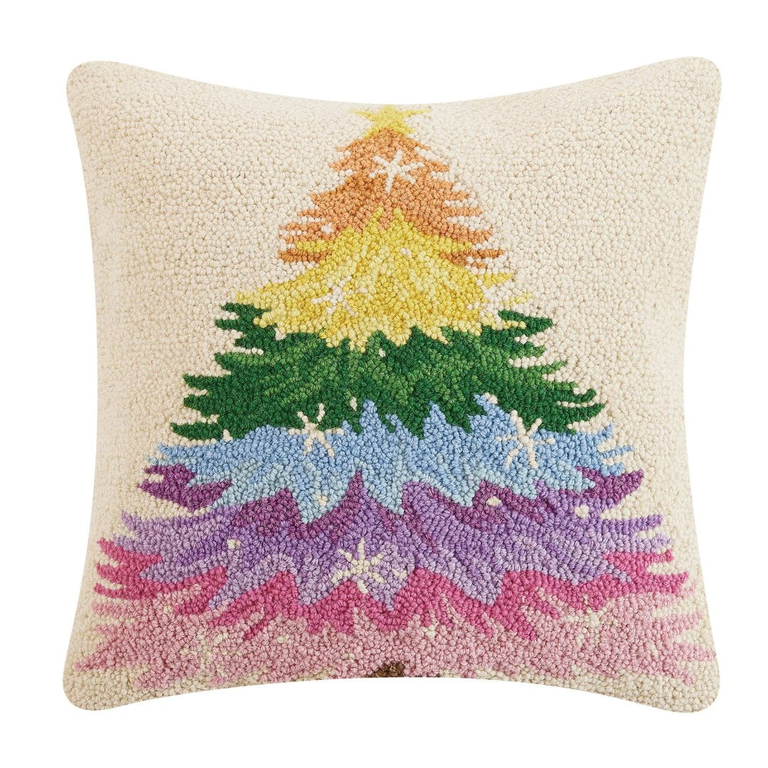 Pillow with rainbow colored Christmas tree