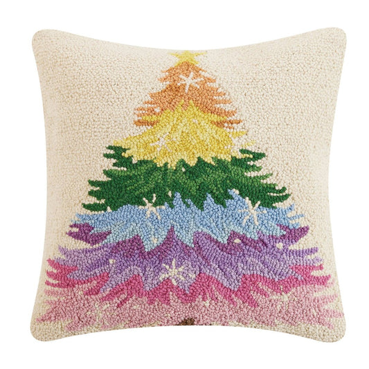 Pillow with rainbow colored Christmas tree