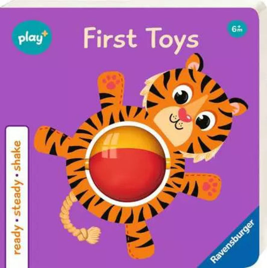 Children's book cover with a tiger toy on a purple background, featuring the Ravensburger brand.