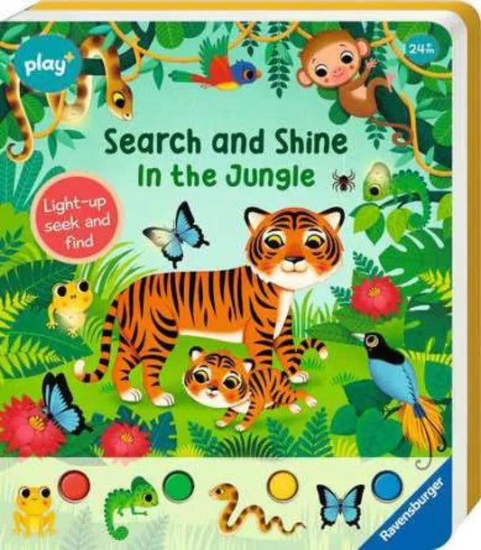 Children's book titled 'Search and Shine in the Jungle' with a tiger and monkey on the cover.