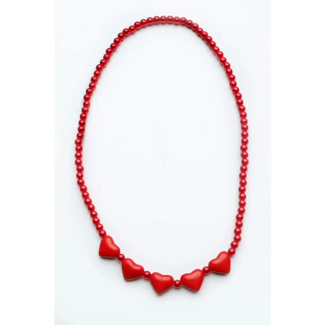 red beaded necklace with 5 heart beads along the bottom