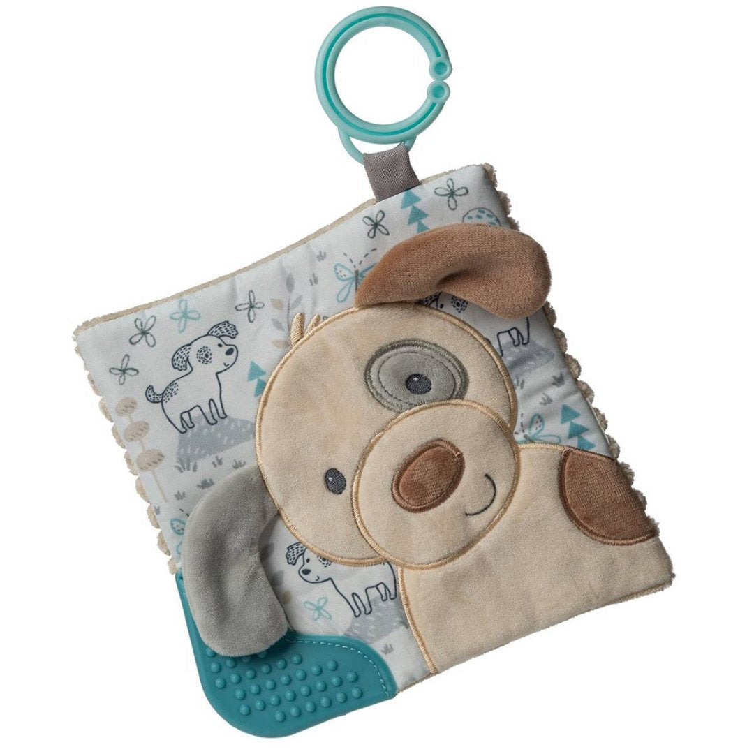 Square plush toy with teething corner and an attachable ring